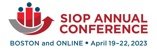A logo for the annual conference of the Society for Industrial and Organizational Psychology (SIOP), features a red bar graph with three columns each topped a blue dot above a curving gray and red arrow pointed upward. The logo also lists the conference location (Boston and Online) and dates (April 19-22, 2023).